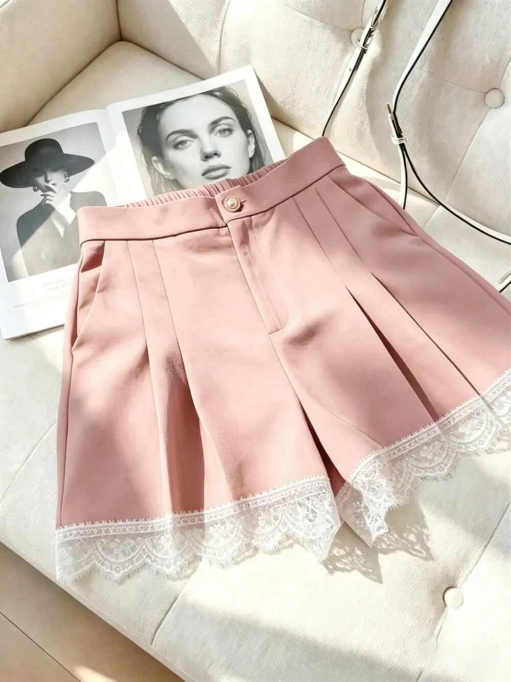 Pink Casual Women's Elegant Minimalist Pleated A-Line Lace Wide Leg Shorts